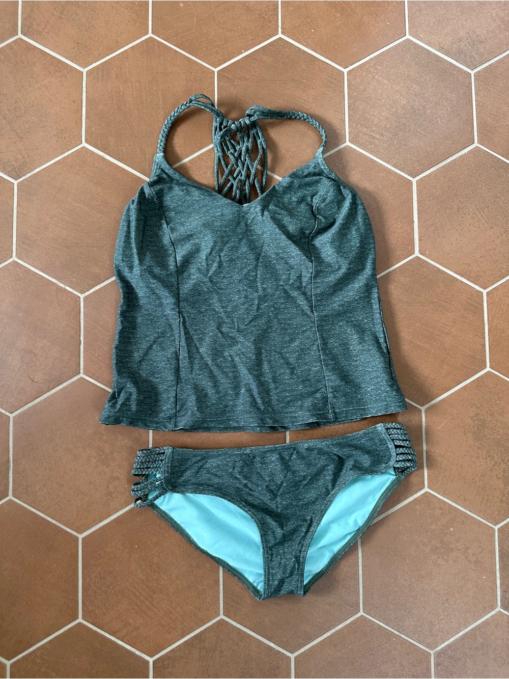 PrAna Women’s Dark Green Tankini Swim Set- size medium top - large bottoms
